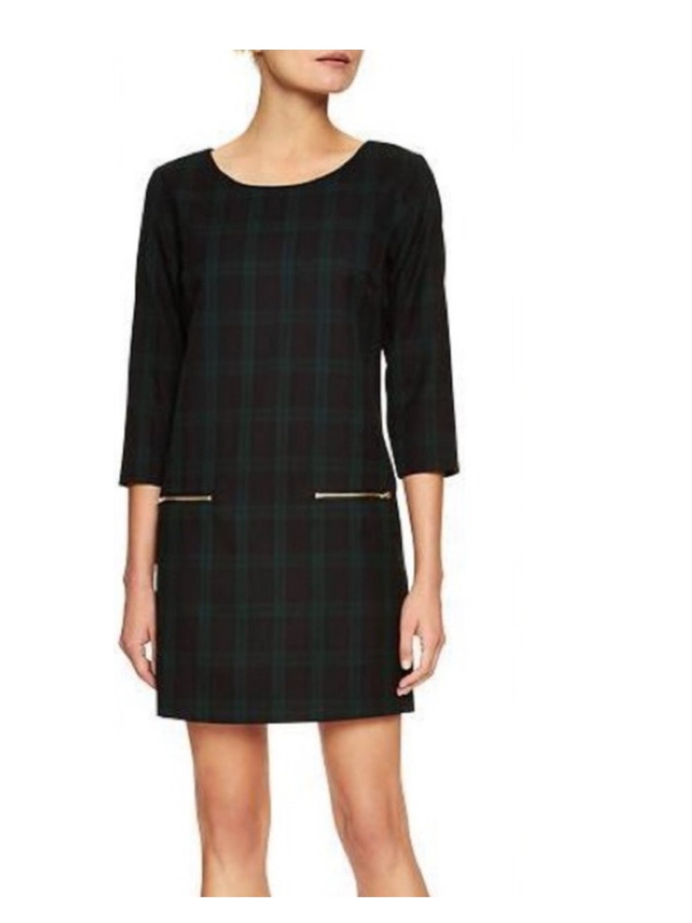 GAP sz Medium M Blackwatch plaid navy blue green mini Shift Dress Gold Zip prep